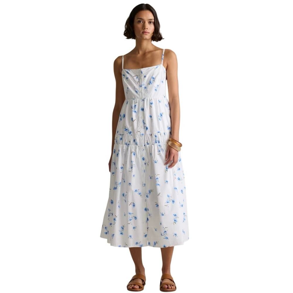 Quince White Maxi Sundress with Blue Floral Print Organic Cotton